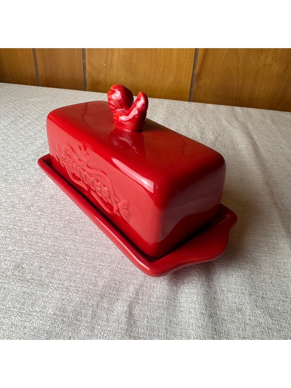 Vintage Red Ceramic Butter Dish with Rooster Knob Farmhouse Kitchen Decor - Picture 4 of 9